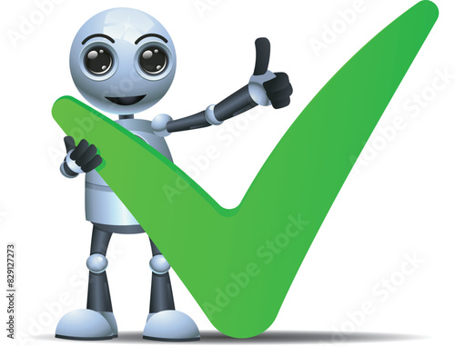 3D illustration of a little robot  hold green right check symbol on isolated white background