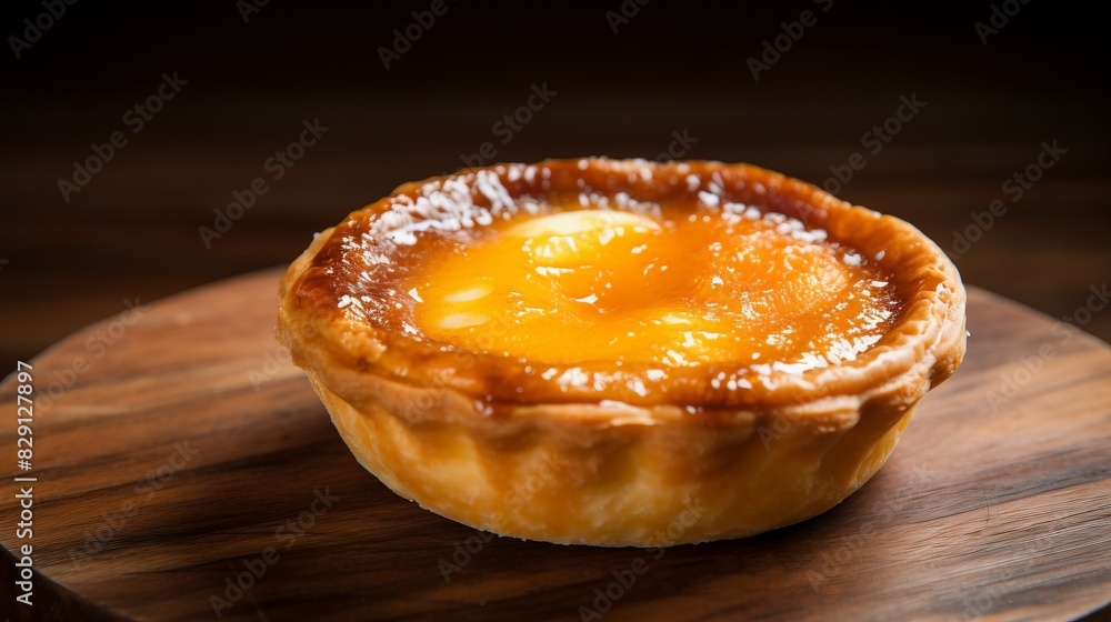 Close-up of a golden Portuguese egg tart on a wooden tray. The perfect pastry with a creamy custard filling, ideal for dessert and tea time. Close-up of a golden Portuguese egg tart on a wooden tray. The perfect pastry with a creamy custard filling, ideal for dessert and tea time.