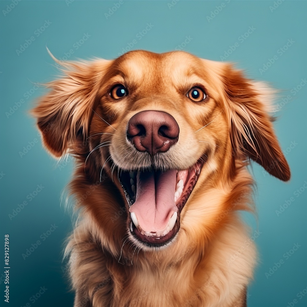 Close-up of a happy golden retriever dog with a big smile on its face, set against a turquoise background. Close-up of a happy golden retriever dog with a big smile on its face, set against a turquoise background.
