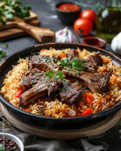A rich serving of traditional Kabsa with tender lamb and mixed vegetables, presented in an ornate bowl, highlighting Middle Eastern cuisine.