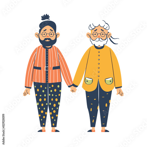 Elderly couple cartoon characters holding hands, smiling senior man woman illustration isolated. Loving elderly pair, fashionable woman bearded senior man standing together vector design. Cheerful