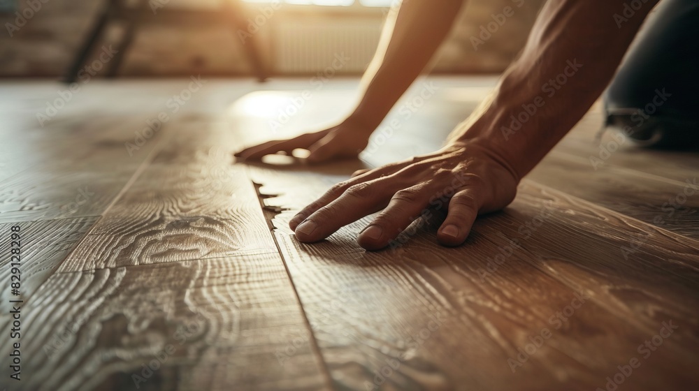 Close-up of hands installing wooden flooring, showcasing the detail and craftsmanship required in home improvement and renovation projects. Close-up of hands installing wooden flooring, showcasing the detail and craftsmanship required in home improvement and renovation projects.