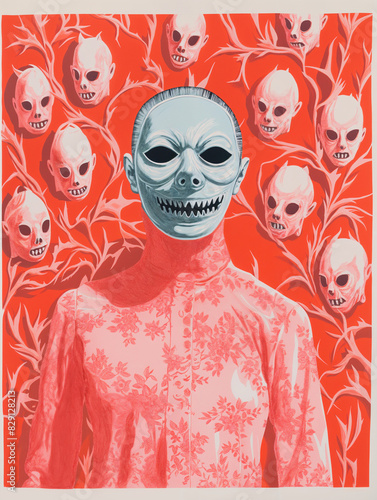 Sinister Skull Faces Masks on Red: Horror Poster