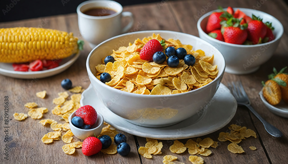 Corn flakes with fruit for breakfast. Healthy and balanced diet. Breakfast cereal with berries Corn flakes with fruit for breakfast. Healthy and balanced diet. Breakfast cereal with berries