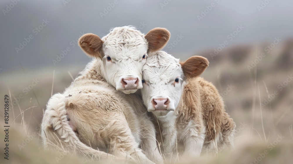 Obraz premium Affectionate Calves Displaying Tender Love Two Cows Posed Together in Loving Embrace