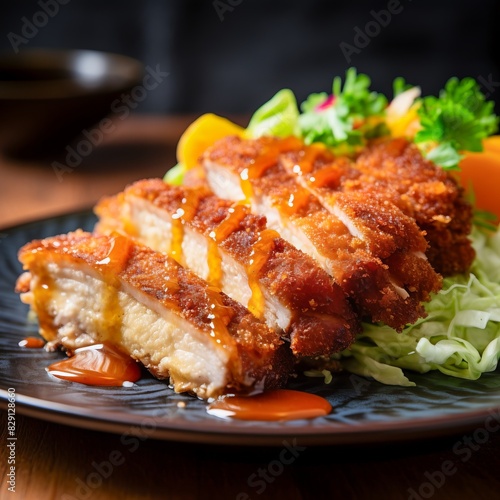 Crispy chicken cutlet served on a bed of fresh salad, drizzled with savory sauce.