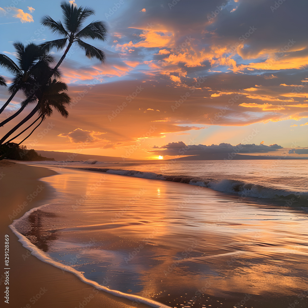Golden Sunset Over Tranquil Beach: A Serene Tropical Paradise