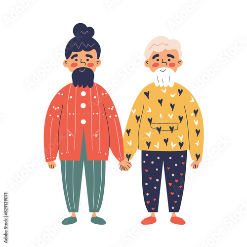 Adult male elderly man standing together, both smiling, cartoon illustration. Younger male has dark hair, beard, colorful red jacket older gentleman, white hair, beard, yellow sweater hearts