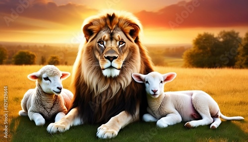 Jesus Christ Lamb of Sacrifice, Lion of Triumph. The duality of Jesus. Lion and lamb in the meadow at sunset created with generative ai