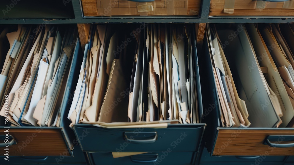 Business documents and paperwork arranged in a filing cabinet, symbolizing administration and efficiency Business documents and paperwork arranged in a filing cabinet, symbolizing administration and efficiency