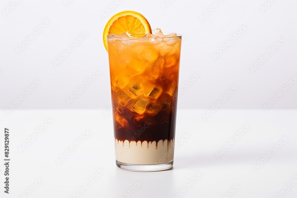 Refreshing iced coffee with a splash of cream, garnished with an orange slice, served in a tall glass against a white background. Refreshing iced coffee with a splash of cream, garnished with an orange slice, served in a tall glass against a white background.