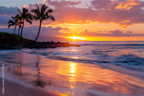 Golden Sunset Over Tranquil Beach: A Serene Tropical Paradise © Alberta
