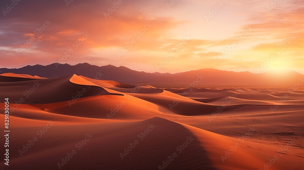 Naklejka premium Stunning desert landscape at sunset with rolling sand dunes and distant mountains under a colorful sky.
