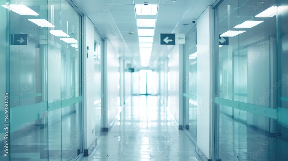Empty office corridor with directional signs, representing navigation and direction Empty office corridor with directional signs, representing navigation and direction