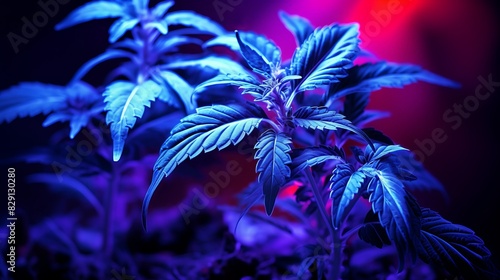 Vibrant cannabis plant under ultraviolet light, showcasing lush green leaves with a surreal blue and purple background.