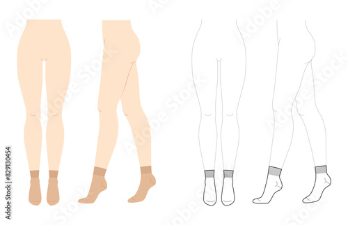 Ankle Socks Set on women legs - natural beige and line style. Hosiery Fashion accessory clothing technical illustration stocking. Vector front, side view, flat template isolated on white background