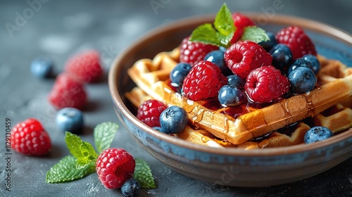 Belgian waffles with strawberries  blueberries and syrup  homemade healthy breakfast