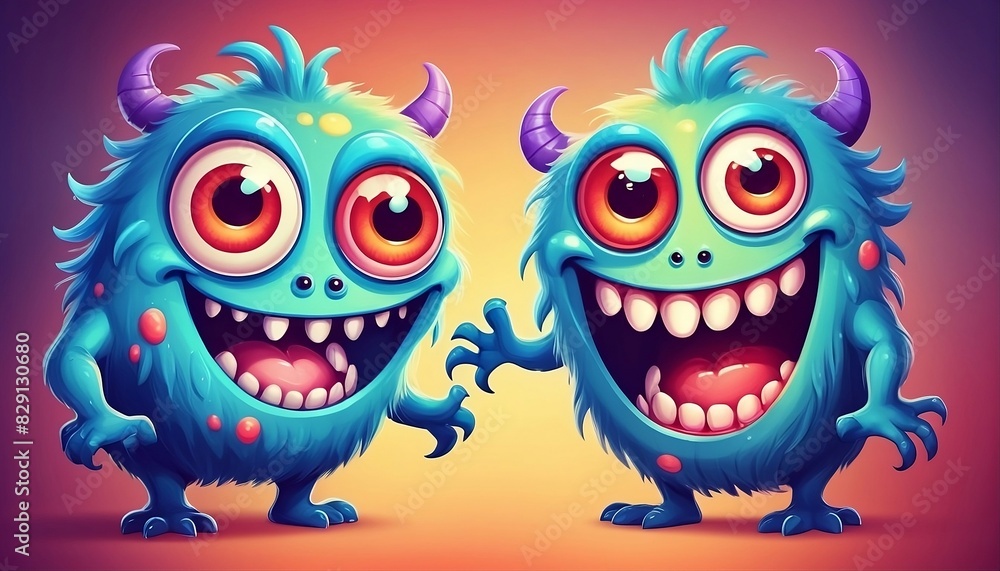 Two cartoon monsters with big eyes and big smiles full of teeth. Imitation of a painted picture. Illustration for banner, created with generative ai