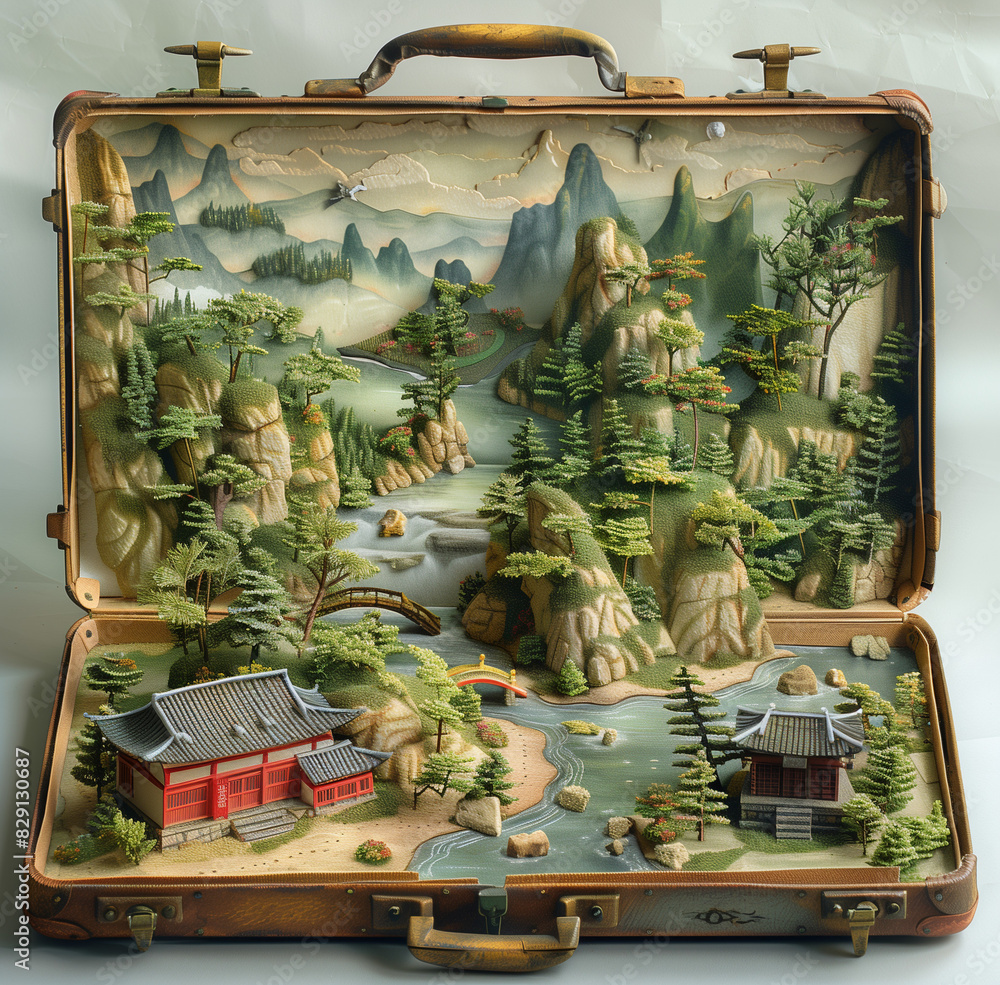 Fototapeta premium Open suitcase with a miniature mountainous landscape and pagodas
