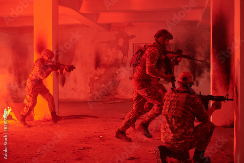  A group of professional soldiers bravely executes a dangerous rescue mission, surrounded by fire in a perilous building. © .shock