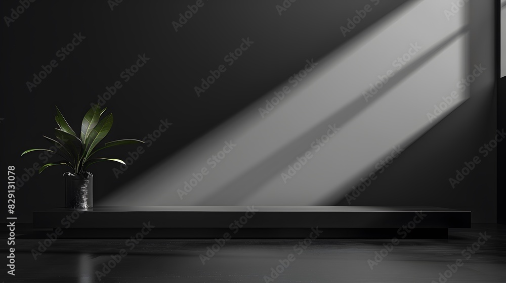 Black podium or pedestal display on dark background with long platform. Blank product shelf standing backdrop. 3D rendering. Black podium or pedestal display on dark background with long platform. Blank product shelf standing backdrop. 3D rendering.