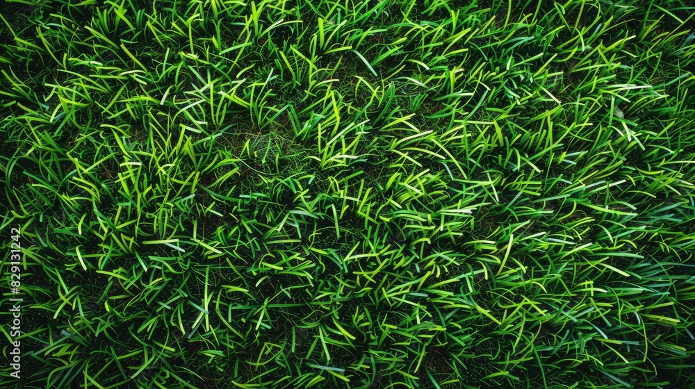 Top view of synthetic grass covering a soccer field, providing a safe and reliable playing surface Top view of synthetic grass covering a soccer field, providing a safe and reliable playing surface