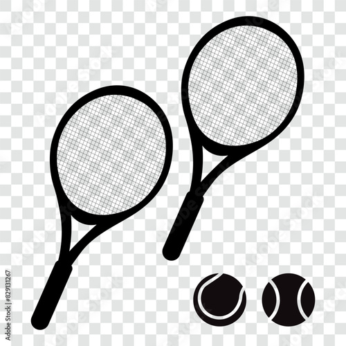 Two tennis rackets and balls, isolated black symbols, vector illustration.
