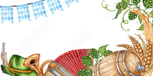 Oktoberfest banner isolated on background watercolor illustration. Traditional holiday elements Bavarian hat, beer mug, barrel, accordion, goon, holiday flags, wheat, hop leaves and beer splashes.