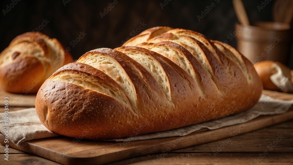 Freshly baked bread close-up, loaf of white bread on the wooden cutting board Freshly baked bread close-up, loaf of white bread on the wooden cutting board