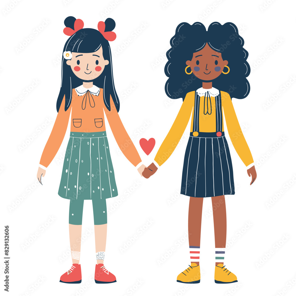 Two girls holding hands, diverse friendship, Asian African American characters, casual clothing, skirts, smiles, heart symbol between them, racial diversity, children, innocence, colorful flat Two girls holding hands, diverse friendship, Asian African American characters, casual clothing, skirts, smiles, heart symbol between them, racial diversity, children, innocence, colorful flat