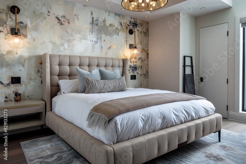 A contemporary bedroom with a statement , upholstered bed frame, and modern light fixtures.