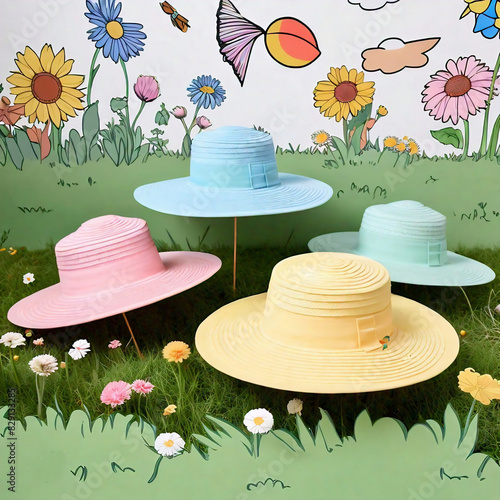 colorful women's hats on green grass with daisies and butterflies  photo