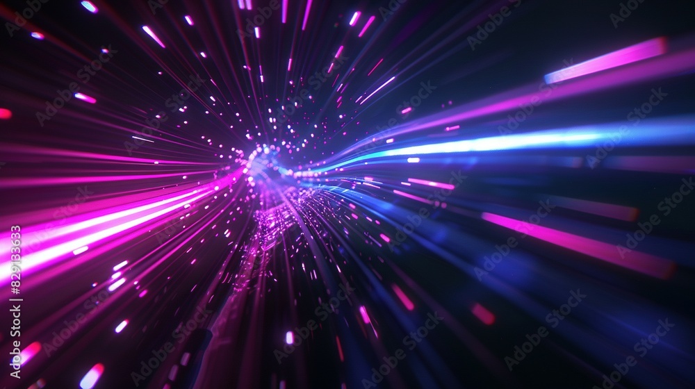 Dark Background with Blue-Purple Light Lines: 3D Render of Hyperspace Warp Dark Background with Blue-Purple Light Lines: 3D Render of Hyperspace Warp