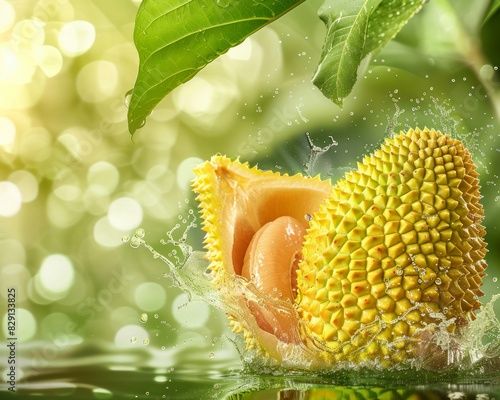 Photo of a fresh durian with water splash