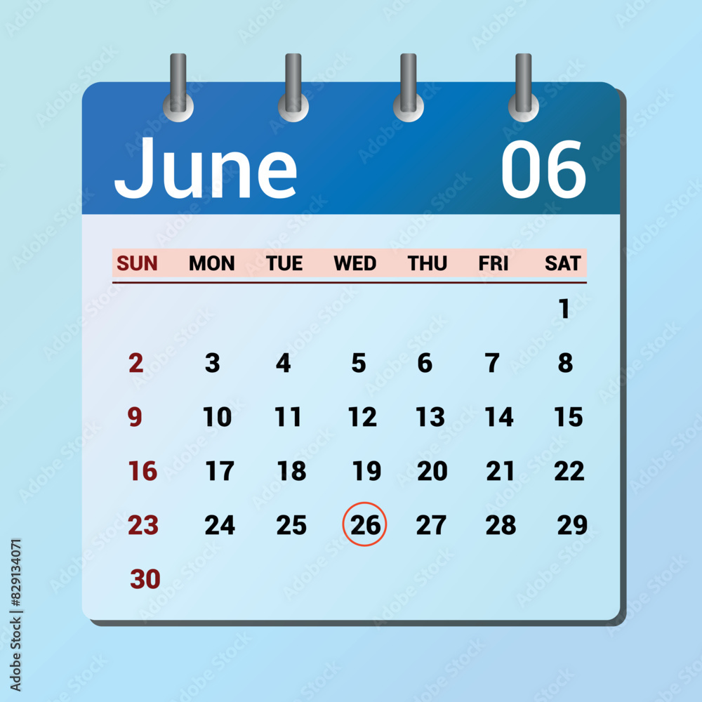 vector page of June month calendar and highlighted date June 26 Stock ...