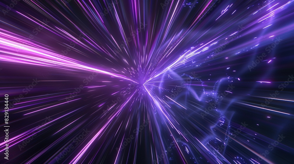 Naklejka premium Blue and Purple Light Warp Through Dark Background: 3D Space Render