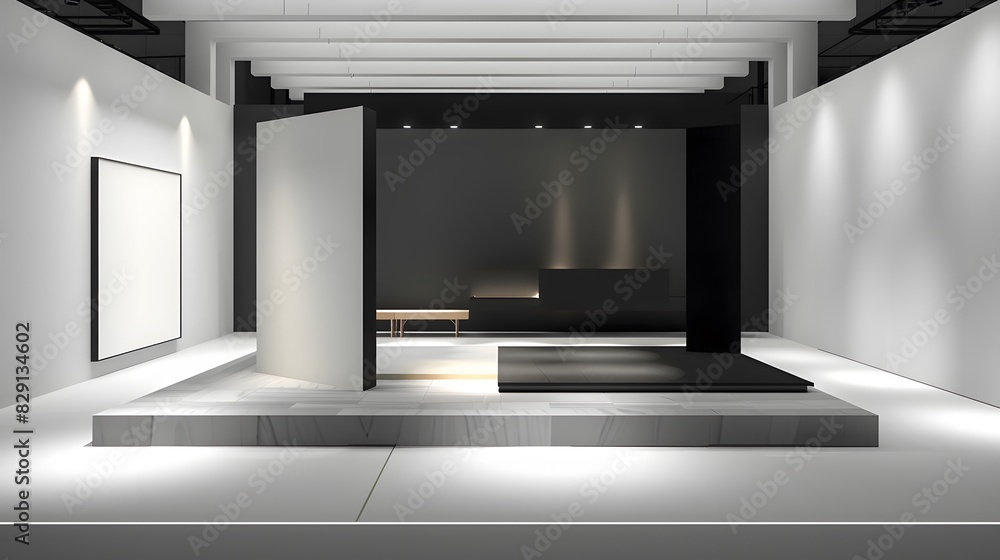 Black podium or pedestal display on dark background with long platform. Blank product shelf standing backdrop. 3D rendering. Black podium or pedestal display on dark background with long platform. Blank product shelf standing backdrop. 3D rendering.