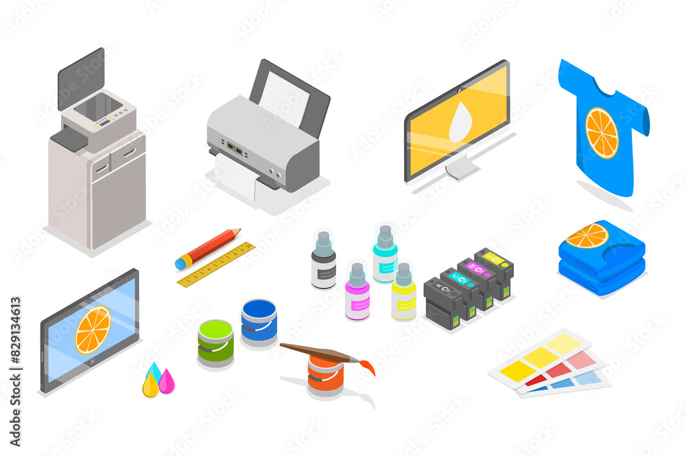 3D Isometric Flat Set of Items For Printing , T-shirt Printing Specialized Equipment 3D Isometric Flat Set of Items For Printing , T-shirt Printing Specialized Equipment