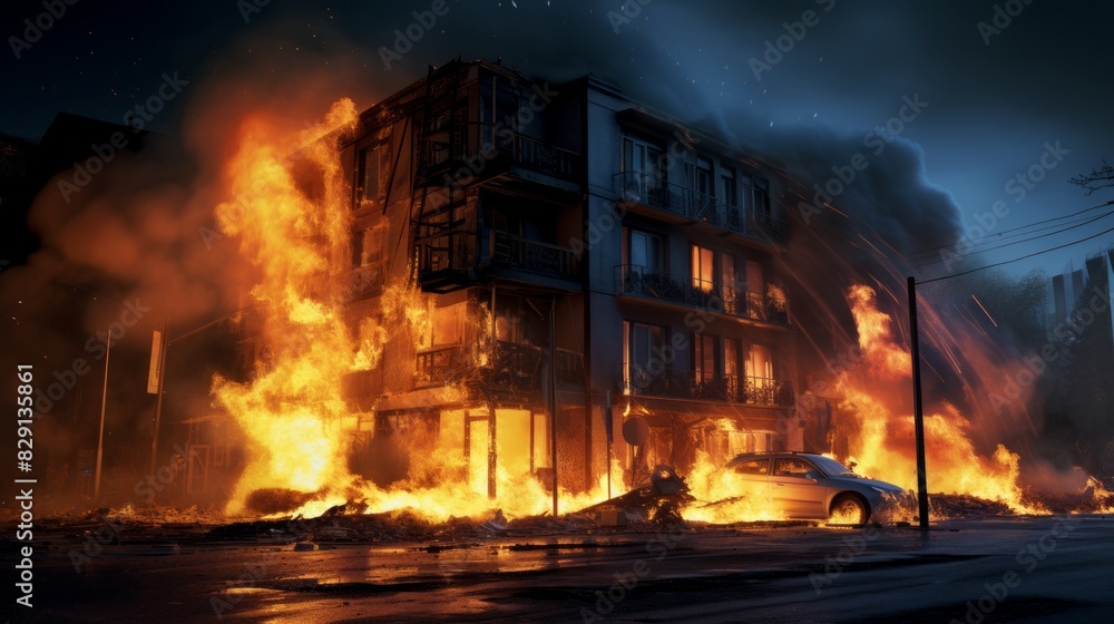Burning buildings in the city at night. Fire in the city. Burning buildings in the city at night. Fire in the city.