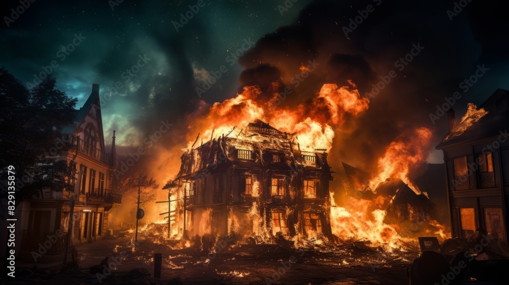 Burning buildings in the city at night. Fire in the city. Burning buildings in the city at night. Fire in the city.