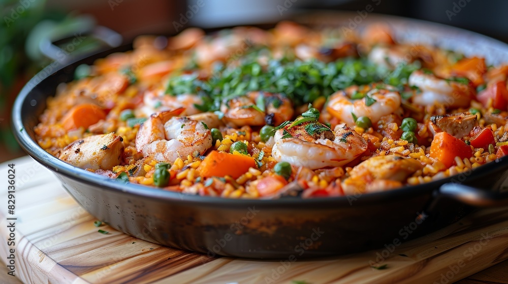 Paella - A Spanish rice dish typically made with seafood, chicken, and vegetables. Placed on the dining table in the kitchen. Minimal and Simple style Paella - A Spanish rice dish typically made with seafood, chicken, and vegetables. Placed on the dining table in the kitchen. Minimal and Simple style