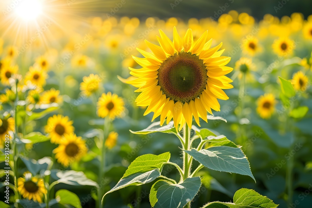 Fototapeta premium A sunflower is the center of attention in a field of sunflowers