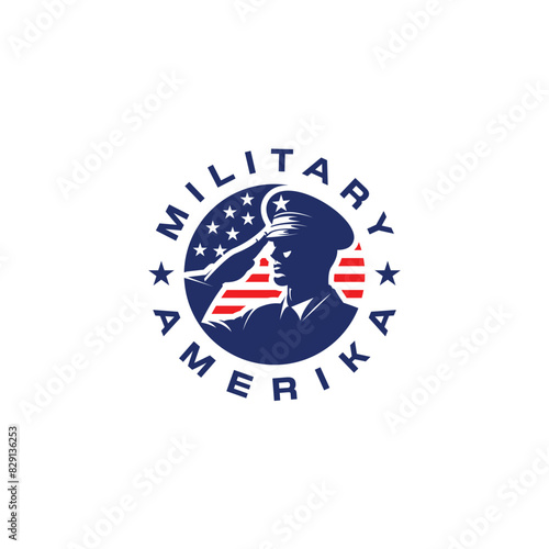 vector logo illustration of military soldier saluting with american flag background in vintage style