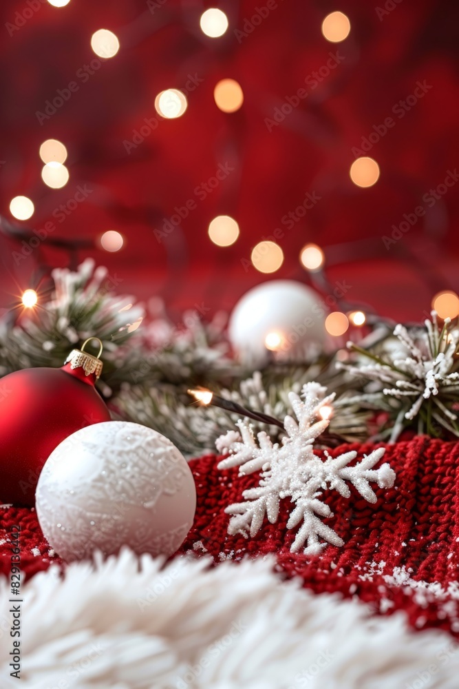 Christmas ornaments and decorations lie on a red and white knitted blanket, surrounded by soft, glowing lights. The scene is cozy and festive, evoking the warmth and joy of the holiday season Christmas ornaments and decorations lie on a red and white knitted blanket, surrounded by soft, glowing lights. The scene is cozy and festive, evoking the warmth and joy of the holiday season