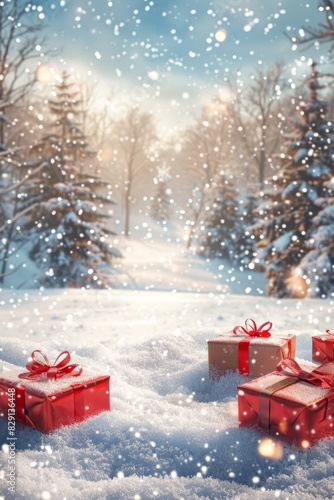 Christmas presents wrapped in red and gold sit in a snowy landscape, surrounded by winter wonderland of snow-covered trees and softly falling snowflakes. scene captures magic and joy of holiday season © megavectors