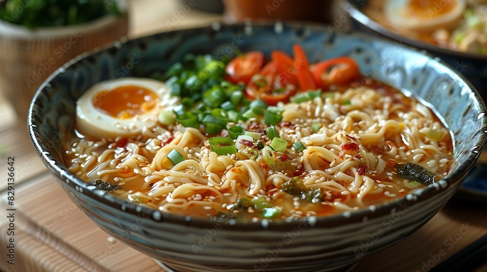 Ramen - Japanese noodle soup that has become a comfort food for many around the world. Placed on the dining table in the kitchen. Minimal and Simple style Ramen - Japanese noodle soup that has become a comfort food for many around the world. Placed on the dining table in the kitchen. Minimal and Simple style