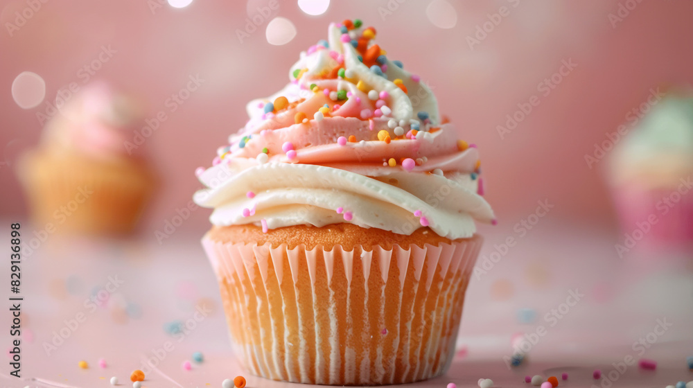 Tasty and cute birthday cupcake on light pink background Tasty and cute birthday cupcake on light pink background