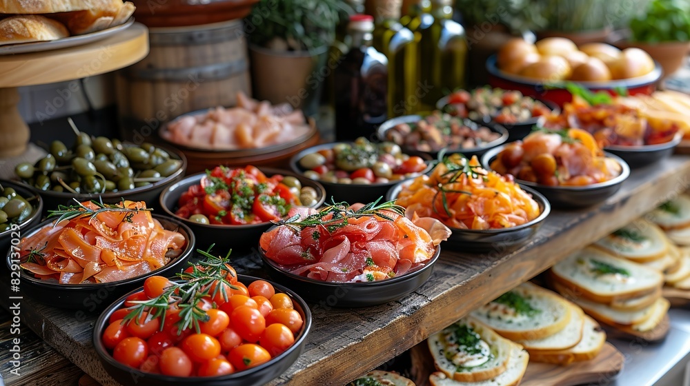 Tapas - Spanish small plates, perfect for sharing and sampling various flavors. Placed on the dining table in the kitchen. Minimal and Simple style Tapas - Spanish small plates, perfect for sharing and sampling various flavors. Placed on the dining table in the kitchen. Minimal and Simple style