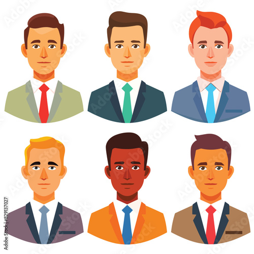 Six diverse male characters wearing business attire, professionals office workers. Three men row, various ethnicities, neat hairstyles, suits, ties, confident looks. Flat vector art professional