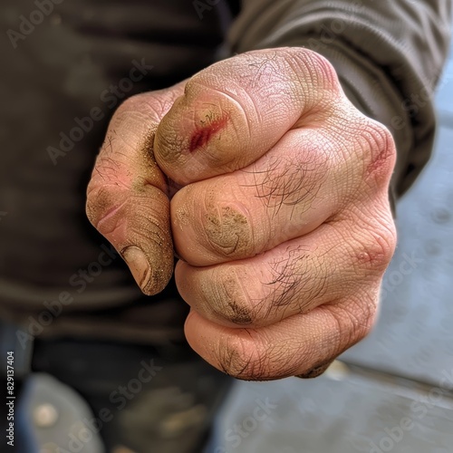 Close-up of an angry man s clenched hands  his fists clenched